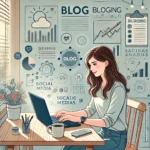 DALL·E 2025-02-22 16.23.09 - A digital illustration of a young girl blogging on her laptop. She is sitting at a desk in a cozy workspace, typing with a focused expression. The bac