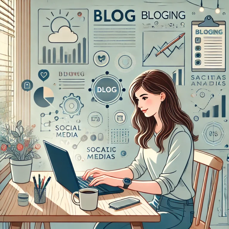 DALL·E 2025-02-22 16.23.09 - A digital illustration of a young girl blogging on her laptop. She is sitting at a desk in a cozy workspace, typing with a focused expression. The bac