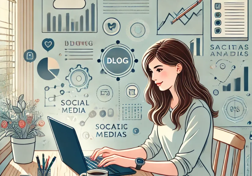 DALL·E 2025-02-22 16.23.09 - A digital illustration of a young girl blogging on her laptop. She is sitting at a desk in a cozy workspace, typing with a focused expression. The bac